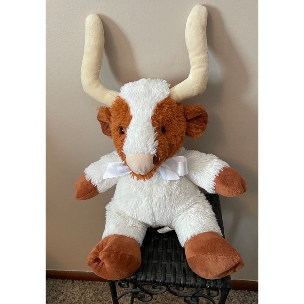 BULL Plushie Very Soft Bovine Bull White and Brown 12" high Sitting Great Mascot